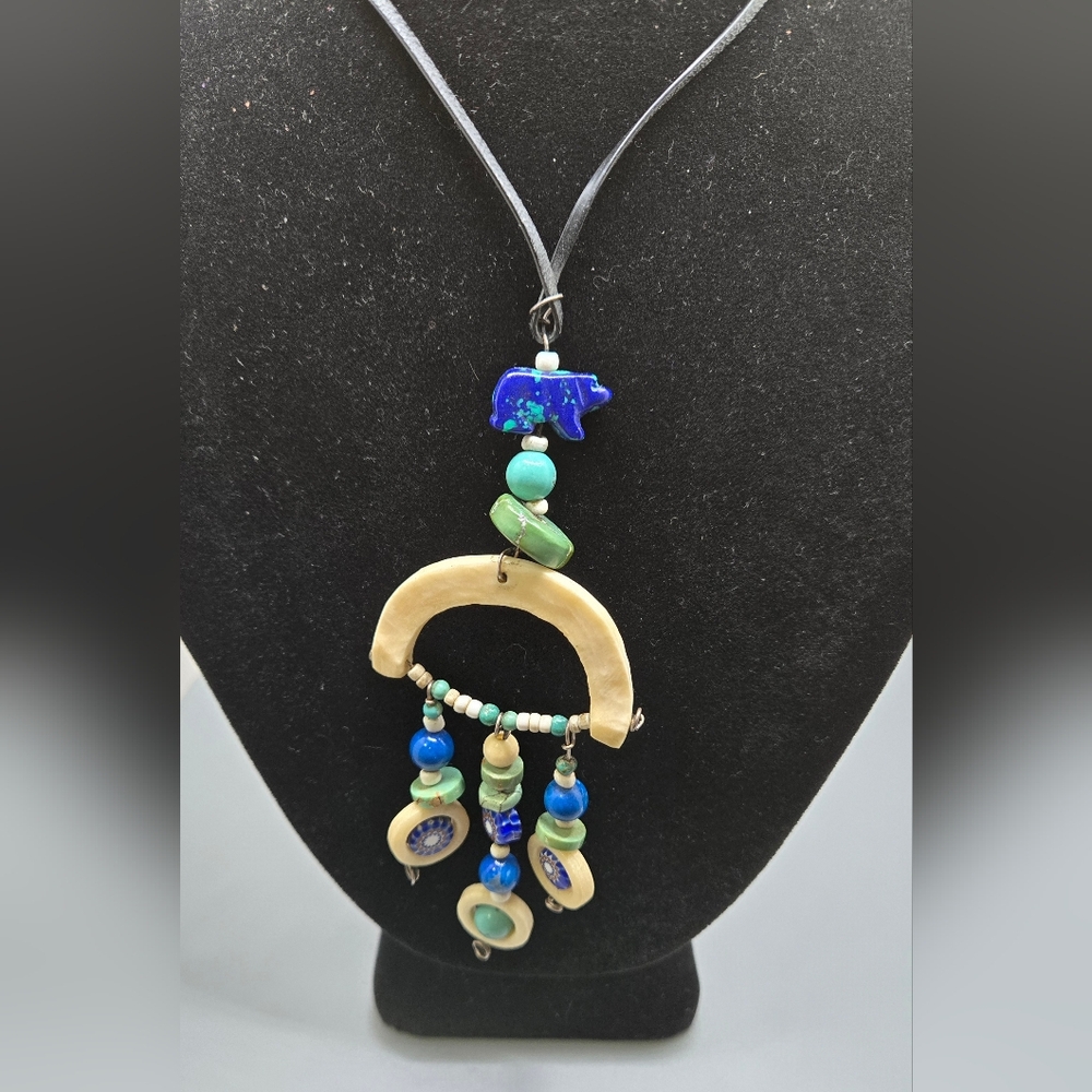 Artisan Handmade Necklace Pendant Turquoise Bone Millifiori OOAK - Picture 3 of 4